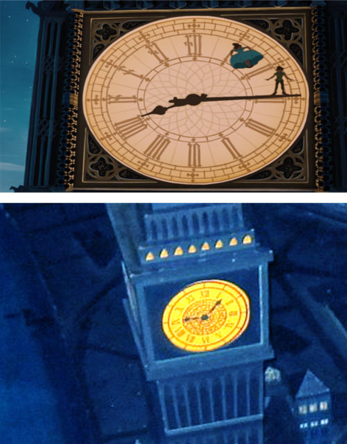 Comparing Peter Pan and Wendy on Big Ben from the movie with Magic Kingdom's Peter Pan's Flight